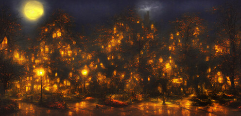 Plakat Magic fairytale fantasy painting of magic landscapes with houses,lanterns and full moon. Digital image painted dark fairytale fantasy in impressionism style. Generative AI 