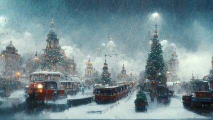 Obraz premium Snowy Christmas streets on Blurred background, buildings and vehicles Illustration