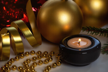 Christmas decorations and candle