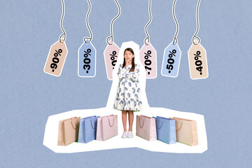 Collage photo promotion of youngster girl bite finger nervous unsure choose new gift big sale...