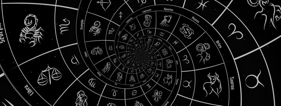 Astrological background with zodiac signs and symbol.