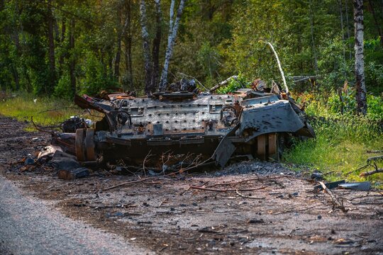 War in Ukraine, Remains of Destroyed and burned by Ukrainian army,  russian battle tank of the Russian invaders after counteroffensive 
