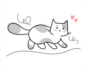 A cute cat walks along the path. Isolated illustration of a cartoon animal. Icon design in flat style. Premium logo vector. Mascot character with hearts.