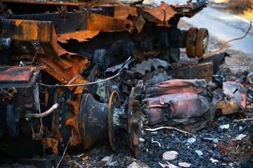 War in Ukraine, Remains of Destroyed and burned by Ukrainian army,  russian battle tank of the Russian invaders after counteroffensive 
