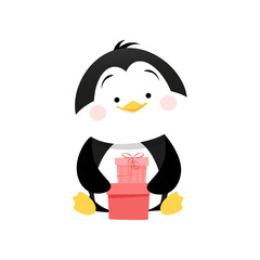 Cute penguin sits and holds 2 pink gifts 