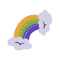 Cartoon Design Element. Hand Drawn Raibow With Clouds