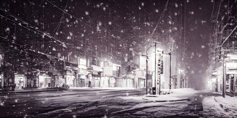 I am standing on a city street and it is winter evening. The air is cold and there is a light dusting of snow on the ground. I can see my breath in front of me. The streetlights cast an eerie - obrazy, fototapety, plakaty