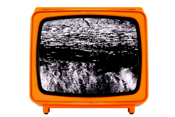 Retro old Space Age Orange TV with Static Noise Glitch Effect Screen - isolated background