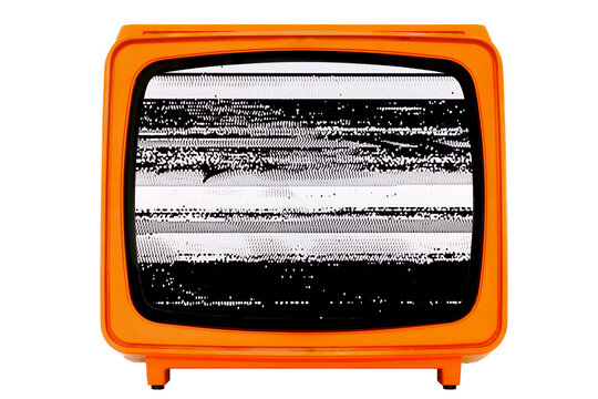 Retro old Space Age Orange TV with Static Noise Glitch Effect Screen