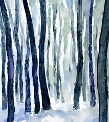 A watercolor winter forest is a beautiful painting. The colors are so soft and the trees look like they're made of snow. It's a scene that makes you feel calm and at peace.