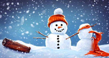 Obraz premium I see a cute snowman. He has coal for eyes and buttons, and his smile is happy. He's made out of fresh fallen snow, and he's wearing a little hat.