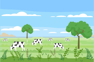 Obraz na płótnie Canvas Cows eating grass on the green field. summer green field landscape. vector flat style illustration