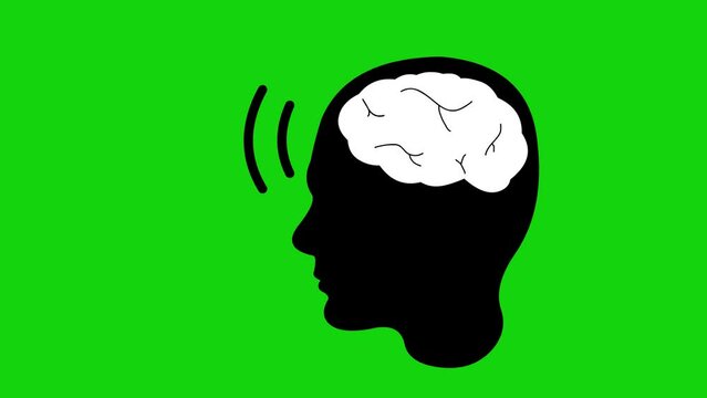icon animation of the black silhouette of a person head, with brain waves. On a green chroma key background