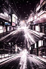 The city street is deserted and dark, the only light coming from the windows of the high rise buildings that line either side. A fine layer of snow covers everything, reflecting what little light ther