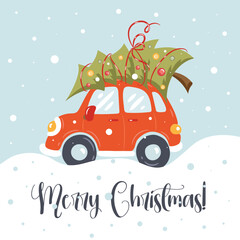 Cute red retro car with christmas tree on the roof. Merry christmas and happy new year greeting card, postcard, poster, banner, invitation design. Merry Christmas. Happy New Year. Vector illustration