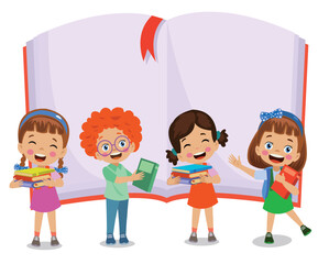 cute happy students reading books