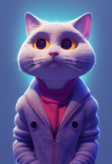 Chic cute baby cat wearing coat, charisma, 3d illustration , pic as wallpaper, poster, t shirt and as you need