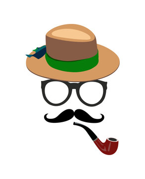 Men hat, smoking pipe, glasses and mustache. Isolated on white background. Card. Gentleman accessories.