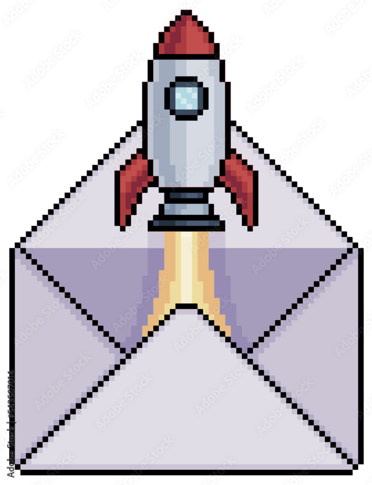 Aufkleber pixel art envelope with rocket flying vector icon for 8bit game on white background