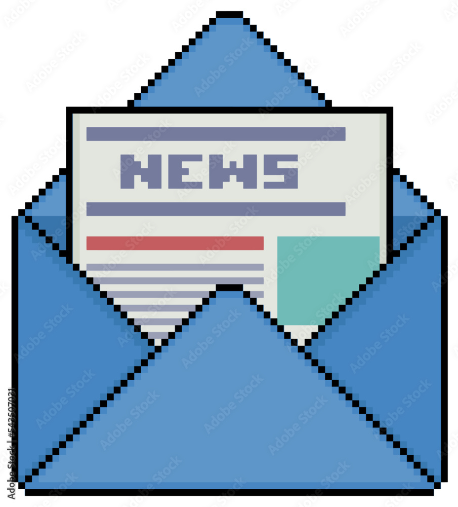 Poster pixel art envelope with newspaper vector icon for 8bit game on white background