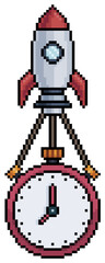 Fototapeta na wymiar Pixel art rocket carrying clock, stopwatch, alarm clock vector icon for 8bit game on white background