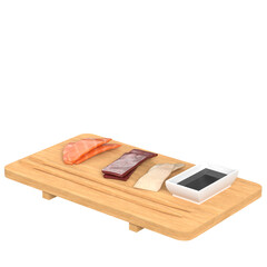 3d rendering illustration of sushi sashimi and soy sauce