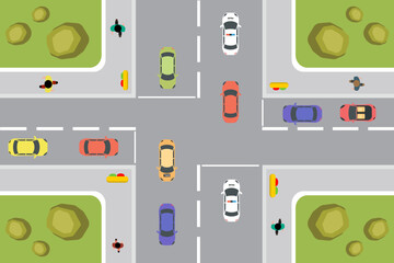 Four-way Road. top view with traffic jam crossroad and cars, taxi, police cars. vector illustration