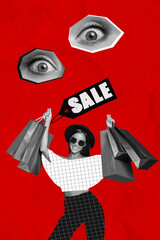 Vertical collage picture of big eyes spy watch delighted excited girl black white effect hold bags...