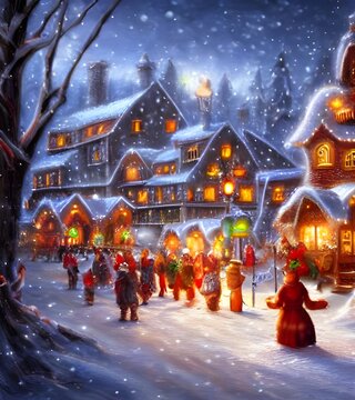 The picture is of a winter christmas village. It is a scene of a small town covered in snow. The houses are all decorated for christmas with lights and wreaths on the doors. There is a church in the