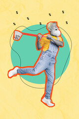 Vertical collage picture of excited funky grandfather black white gamma hold butterfly net catch sale percent isolated on drawing background