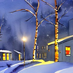 In this watercolor painting, various apartment buildings are depicted in a winter nighttime scene. The colors are mostly muted and shades of blue, with small pops of light coming from some of the wind