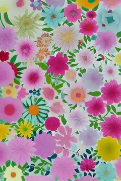 I am looking at a design of paper flowers. The flowers are made out of thin sheets of brightly-colored paper, and they are all different sizes. Some of the petals are curled up, and some of the blosso