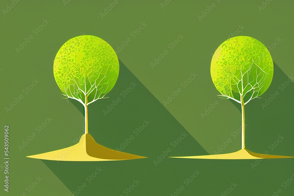 Poster two trees with green leaves on a green background with a long shadow of the trees on the ground and 