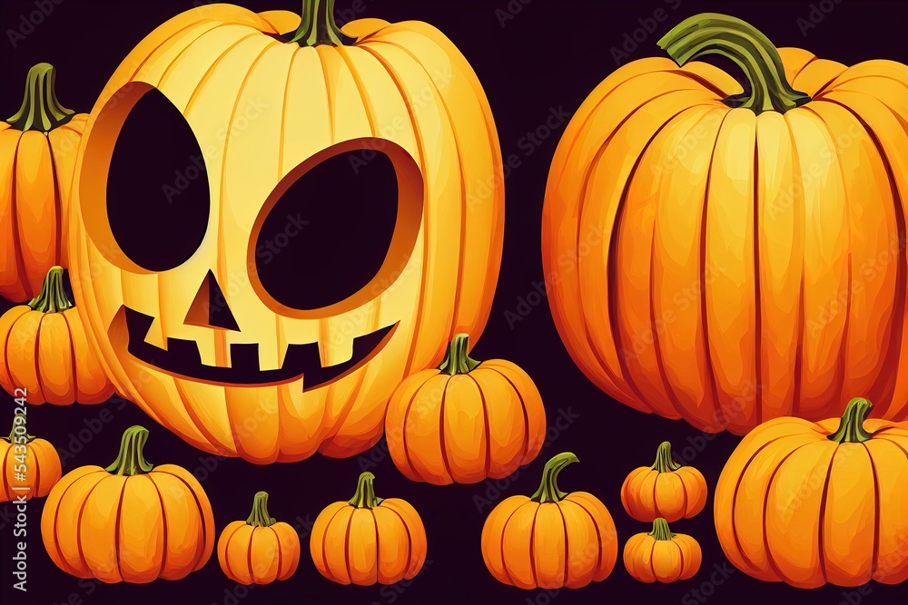 Poster a group of pumpkins with a skull on them and a black background with a black background behind them.