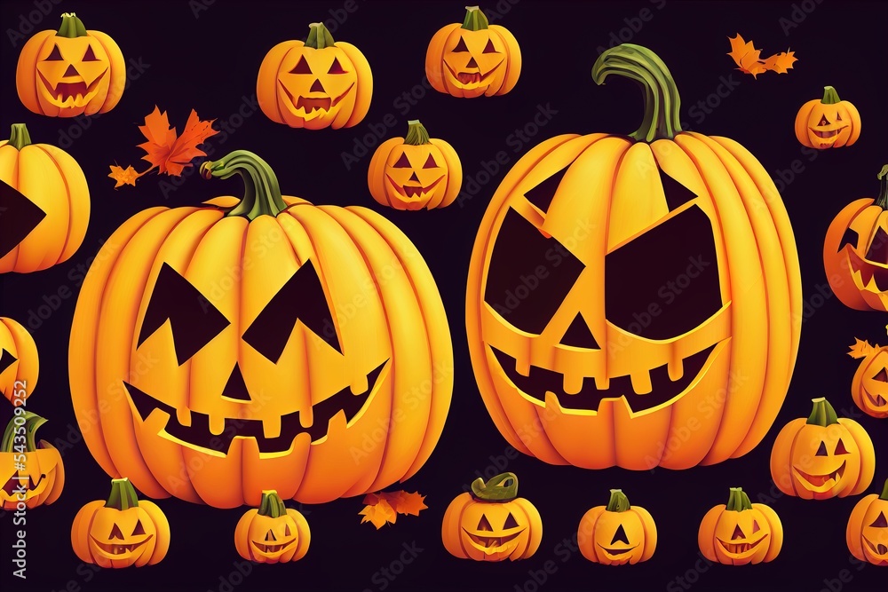 Poster a group of pumpkins with faces carved into them and leaves around them on a black background with a 
