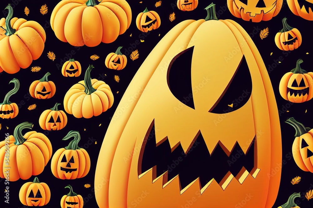 Poster a group of pumpkins with faces carved into them on a black background with a black background with a