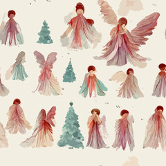 Seamless pattern christmas angels, aquarelle xmas flying angels endless pattern. Multicolor