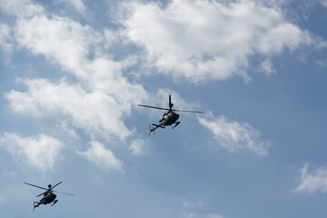 Kiowa Warrior helicopters during an air show. Greek Air Force Bell OH-58 flying in Thessaloniki,...