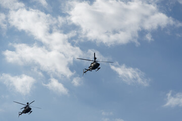Kiowa Warrior helicopters during an air show. Greek Air Force Bell OH-58 flying in Thessaloniki,...