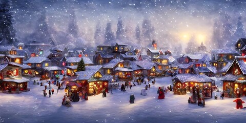 It's a beautiful winter christmas village, with the snow falling gently and twinkling lights everywhere. The houses are all decorated for the holidays, and there's even a little Santa Clause roaming a - obrazy, fototapety, plakaty