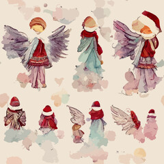 Seamless pattern christmas angels, aquarelle angels endless pattern. New-year collection