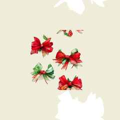 Seamless christmas decoration bows,aquarelle xmas bow endless pattern. New-year collection