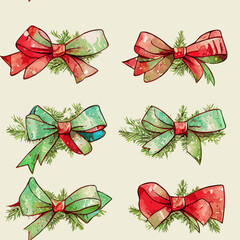 Seamless christmas decoration bows,watercolor xmas bow background pattern. New-year collection