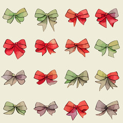 Seamless christmas decoration bows,aquarelle xmas bow endless background pattern. New-year collection