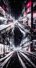 Obraz premium The pavement is covered in a layer of fresh snow, and the streetlights cast a warm glow over the scene. The windows of the buildings are all lit up, and people are hurrying home from work or heading o