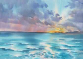 Evening sky reflections by the sea watercolor background
