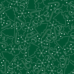 Seamless winter, white and green background. Vector pattern for festive, New Year's flyers, wrapping paper, gift bags, collages, banners, posters, etc.