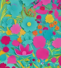 I am looking at a piece of art that contains paper flowers. The design is intricate, and the colors are eye-catching. The artist has used different shades of pink, purple, and blue to create a dynamic