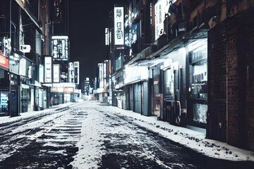 Obraz premium Cars hurry down the street, their tires sending up plumes of snow in their wake. The sidewalks are deserted except for a lone figure walking quickly, head down against the cold wind. A few windows in 