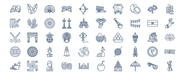 Collection of icons related to India country and culture, including icons like Banana Leaf, Coconut, Hokey, Elephant and more. vector illustrations, Pixel Perfect set
 - obrazy, fototapety, plakaty